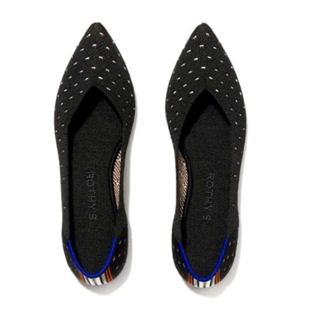 $145 Rothy's Pointed Toe Black Ivory Polka Dot Slip-on Knit Ballet Flats Sz 5.5